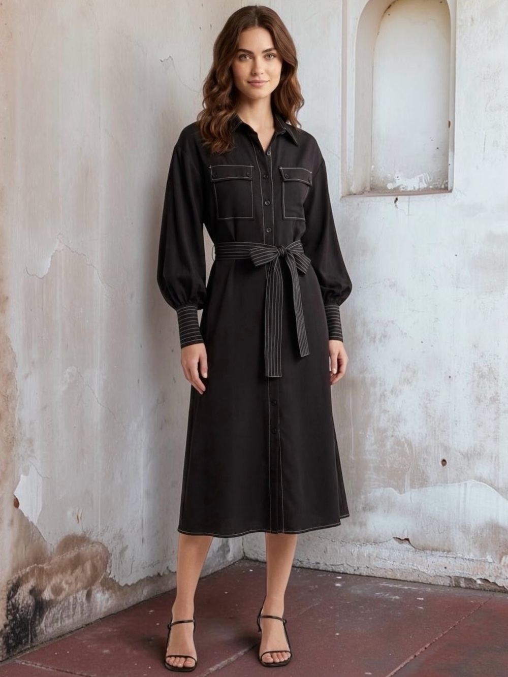 CIEBON Janie Topstitch Tie Waist Long Sleeve Midi Dress in Black Size XS